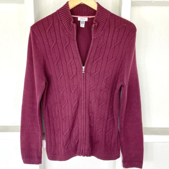 Izod Sweaters - 3/$15 IZOD Burgundy Cable Knit Zip Front Sweater M